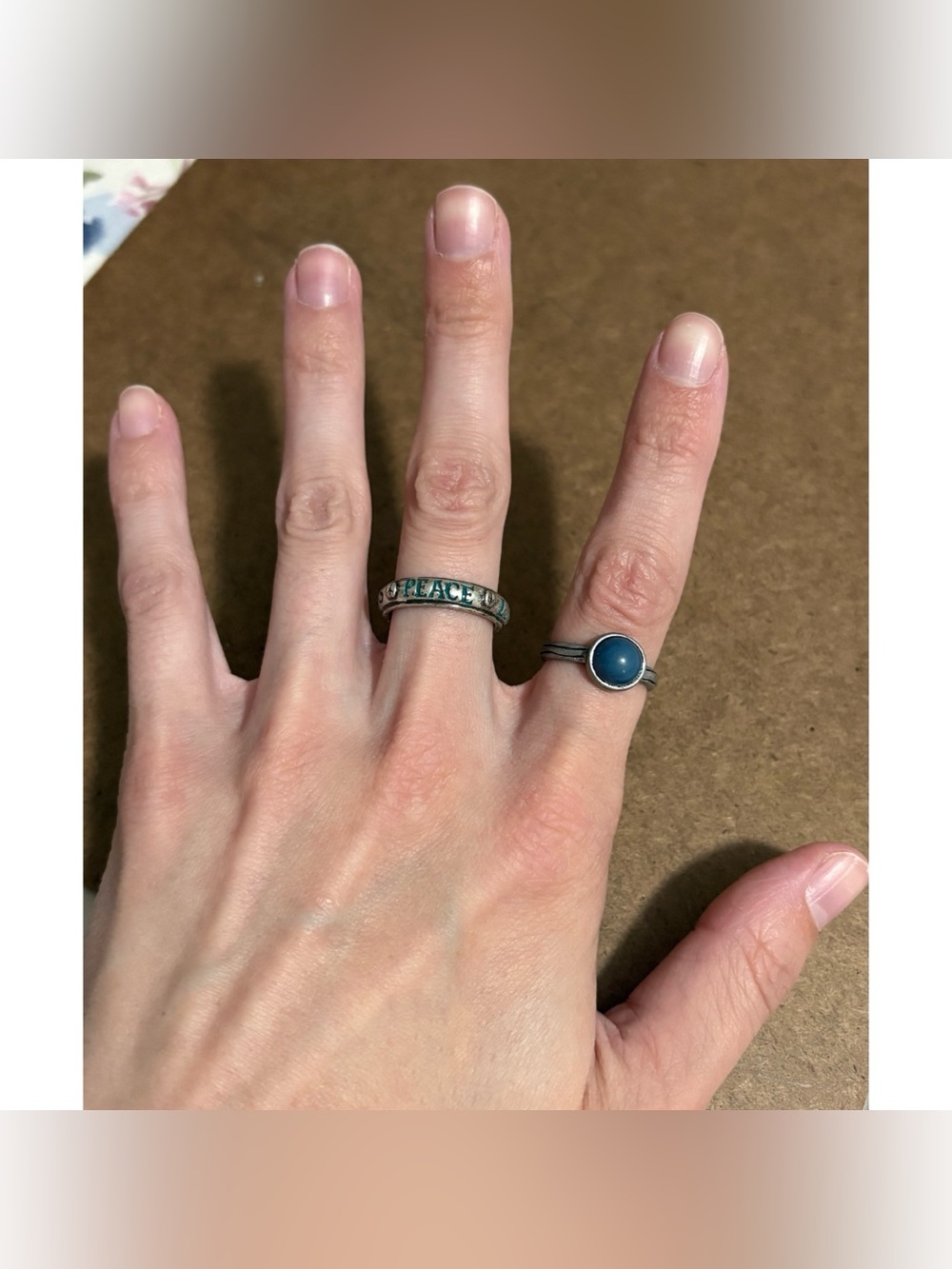 Lucky brand blue and turquoise peace brass ring set